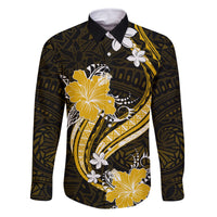 Gold Polynesian Pattern With Tropical Flowers Family Matching Off Shoulder Long Sleeve Dress and Hawaiian Shirt LT05 Dad's Shirt - Long Sleeve Gold - Polynesian Pride