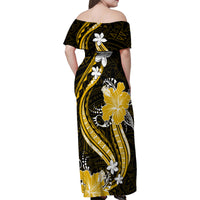 Gold Polynesian Pattern With Tropical Flowers Family Matching Off Shoulder Maxi Dress and Hawaiian Shirt LT05 - Polynesian Pride
