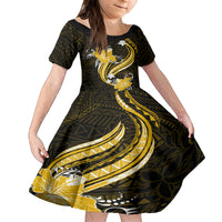 Gold Polynesian Pattern With Tropical Flowers Family Matching Off Shoulder Short Dress and Hawaiian Shirt LT05 Daughter's Dress Gold - Polynesian Pride