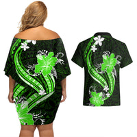 Green Polynesian Pattern With Tropical Flowers Couples Matching Off Shoulder Short Dress and Hawaiian Shirt LT05 - Polynesian Pride