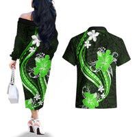 Green Polynesian Pattern With Tropical Flowers Couples Matching Off The Shoulder Long Sleeve Dress and Hawaiian Shirt LT05 - Polynesian Pride