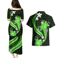 Green Polynesian Pattern With Tropical Flowers Couples Matching Puletasi Dress and Hawaiian Shirt LT05 - Polynesian Pride
