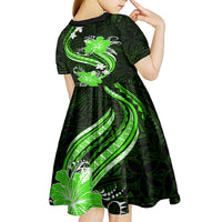 Green Polynesian Pattern With Tropical Flowers Kid Short Sleeve Dress LT05 - Polynesian Pride
