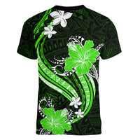 Green Polynesian Pattern With Tropical Flowers Women V Neck T Shirt LT05 - Polynesian Pride