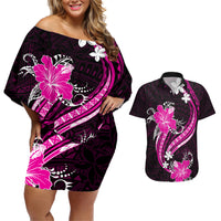 Pink Polynesian Pattern With Tropical Flowers Couples Matching Off Shoulder Short Dress and Hawaiian Shirt LT05 Pink - Polynesian Pride