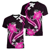 Pink Polynesian Pattern With Tropical Flowers Women V Neck T Shirt LT05 - Polynesian Pride