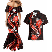 Red Polynesian Pattern With Tropical Flowers Couples Matching Mermaid Dress and Hawaiian Shirt LT05 - Polynesian Pride