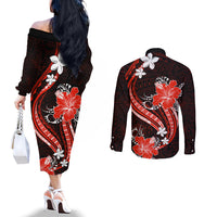 Red Polynesian Pattern With Tropical Flowers Couples Matching Off The Shoulder Long Sleeve Dress and Long Sleeve Button Shirt LT05 - Polynesian Pride
