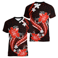 Red Polynesian Pattern With Tropical Flowers Women V Neck T Shirt LT05 - Polynesian Pride