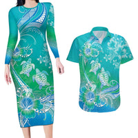 Polynesia Sea Turtle Couple Couples Matching Long Sleeve Bodycon Dress and Hawaiian Shirt I Am Turtley In Love With You LT05 Turquoise - Polynesian Pride