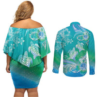 Polynesia Sea Turtle Couple Couples Matching Off Shoulder Short Dress and Long Sleeve Button Shirt I Am Turtley In Love With You