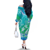 Polynesia Sea Turtle Couple Family Matching Off The Shoulder Long Sleeve Dress and Hawaiian Shirt I Am Turtley In Love With You LT05 - Polynesian Pride