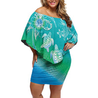 Polynesia Sea Turtle Couple Family Matching Off Shoulder Short Dress and Hawaiian Shirt I Am Turtley In Love With You LT05 Mom's Dress Turquoise - Polynesian Pride