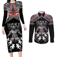 New Zealand Aotearoa Couples Matching Long Sleeve Bodycon Dress and Long Sleeve Button Shirt Traditional Kapa Haka LT05 Black - Polynesian Pride