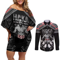 New Zealand Aotearoa Couples Matching Off Shoulder Short Dress and Long Sleeve Button Shirt Traditional Kapa Haka