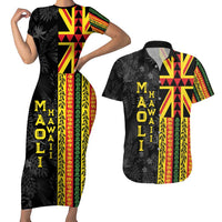 Hawaii Maoli Spirit Couples Matching Short Sleeve Bodycon Dress and Hawaiian Shirt Kakau Pattern With Flower Lei LT05 Black - Polynesian Pride