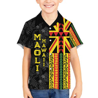 Hawaii Maoli Spirit Family Matching Off Shoulder Short Dress and Hawaiian Shirt Kakau Pattern With Flower Lei LT05 Son's Shirt Black - Polynesian Pride