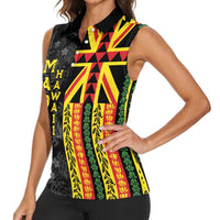 Hawaii Maoli Spirit Women Sleeveless Polo Shirt Kakau Pattern With Flower Lei - Polynesian Pride