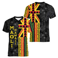 Hawaii Maoli Spirit Women V-Neck T-Shirt Kakau Pattern With Flower Lei - Polynesian Pride