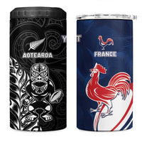 France And New Zealand Rugby Custom 4 in 1 Can Cooler Tumbler Les Bleus Rooster With Maori Tiki LT05 One Size: 16 oz Black - Polynesian Pride
