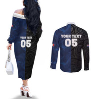 France And New Zealand Rugby Custom Couples Matching Off The Shoulder Long Sleeve Dress and Long Sleeve Button Shirt Les Bleus Rooster With Maori Tiki LT05 - Polynesian Pride