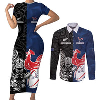 France And New Zealand Rugby Custom Couples Matching Short Sleeve Bodycon Dress and Long Sleeve Button Shirt Les Bleus Rooster With Maori Tiki LT05 Black - Polynesian Pride