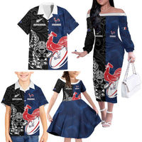 France And New Zealand Rugby Custom Family Matching Off The Shoulder Long Sleeve Dress and Hawaiian Shirt Les Bleus Rooster With Maori Tiki LT05 - Polynesian Pride