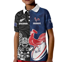 France And New Zealand Rugby Custom Kid Polo Shirt Les Bleus Rooster With Maori Tiki LT05 Kid Black - Polynesian Pride