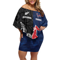 France And New Zealand Rugby Custom Off Shoulder Short Dress Les Bleus Rooster With Maori Tiki LT05 Women Black - Polynesian Pride