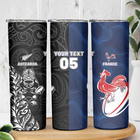 France And New Zealand Rugby Custom Skinny Tumbler Les Bleus Rooster With Maori Tiki LT05 - Polynesian Pride