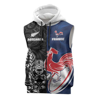 France And New Zealand Rugby Custom Sleeveless Zip Hoodie Les Bleus Rooster With Maori Tiki LT05 Black - Polynesian Pride