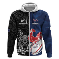 France And New Zealand Rugby Custom Zip Hoodie Les Bleus Rooster With Maori Tiki LT05 Zip Hoodie Black - Polynesian Pride
