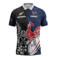 France And New Zealand Rugby Custom Zipper Polo Shirt Les Bleus Rooster With Maori Tiki LT05 Black - Polynesian Pride