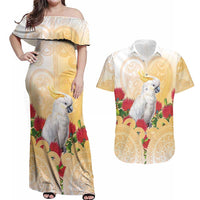 New Zealand Aotearoa Cockatoo Couples Matching Off Shoulder Maxi Dress and Hawaiian Shirt Maori Pattern With Pohutukawa Flowers LT05 Beige - Polynesian Pride