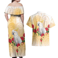 New Zealand Aotearoa Cockatoo Couples Matching Off Shoulder Maxi Dress and Hawaiian Shirt Maori Pattern With Pohutukawa Flowers LT05 - Polynesian Pride