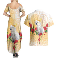 New Zealand Aotearoa Cockatoo Couples Matching Summer Maxi Dress and Hawaiian Shirt Maori Pattern With Pohutukawa Flowers LT05 - Polynesian Pride