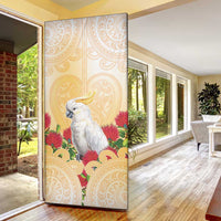New Zealand Aotearoa Cockatoo Door Cover Maori Pattern With Pohutukawa Flowers