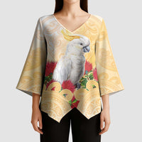 New Zealand Aotearoa Cockatoo Kimono Sleeve Blouse Maori Pattern With Pohutukawa Flowers