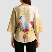 New Zealand Aotearoa Cockatoo Kimono Sleeve Blouse Maori Pattern With Pohutukawa Flowers