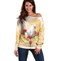 New Zealand Aotearoa Cockatoo Off Shoulder Sweater Maori Pattern With Pohutukawa Flowers