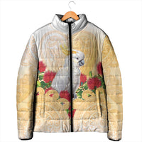 New Zealand Aotearoa Cockatoo Padded Jacket Maori Pattern With Pohutukawa Flowers