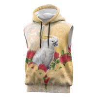 New Zealand Aotearoa Cockatoo Sleeveless Hoodie Maori Pattern With Pohutukawa Flowers