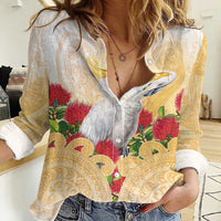New Zealand Aotearoa Cockatoo Women Casual Shirt Maori Pattern With Pohutukawa Flowers LT05 Female Beige - Polynesian Pride