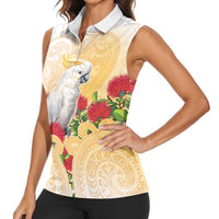 New Zealand Aotearoa Cockatoo Women Sleeveless Polo Shirt Maori Pattern With Pohutukawa Flowers LT05 - Polynesian Pride