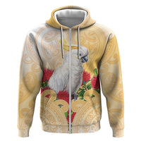 New Zealand Aotearoa Cockatoo Zip Hoodie Maori Pattern With Pohutukawa Flowers