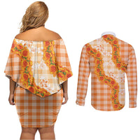Orange Hawaii Palaka Couples Matching Off Shoulder Short Dress and Long Sleeve Button Shirt Hawaiian Ilima Lei