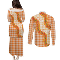 Orange Hawaii Palaka Couples Matching Puletasi and Long Sleeve Button Shirt Hawaiian Ilima Lei
