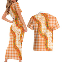 Orange Hawaii Palaka Couples Matching Short Sleeve Bodycon Dress and Hawaiian Shirt Hawaiian Ilima Lei LT05 - Polynesian Pride