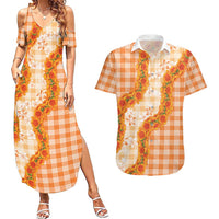 Orange Hawaii Palaka Couples Matching Summer Maxi Dress and Hawaiian Shirt Hawaiian Ilima Lei