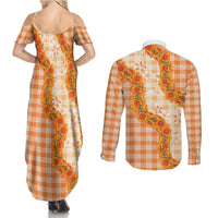 Orange Hawaii Palaka Couples Matching Summer Maxi Dress and Long Sleeve Button Shirt Hawaiian Ilima Lei